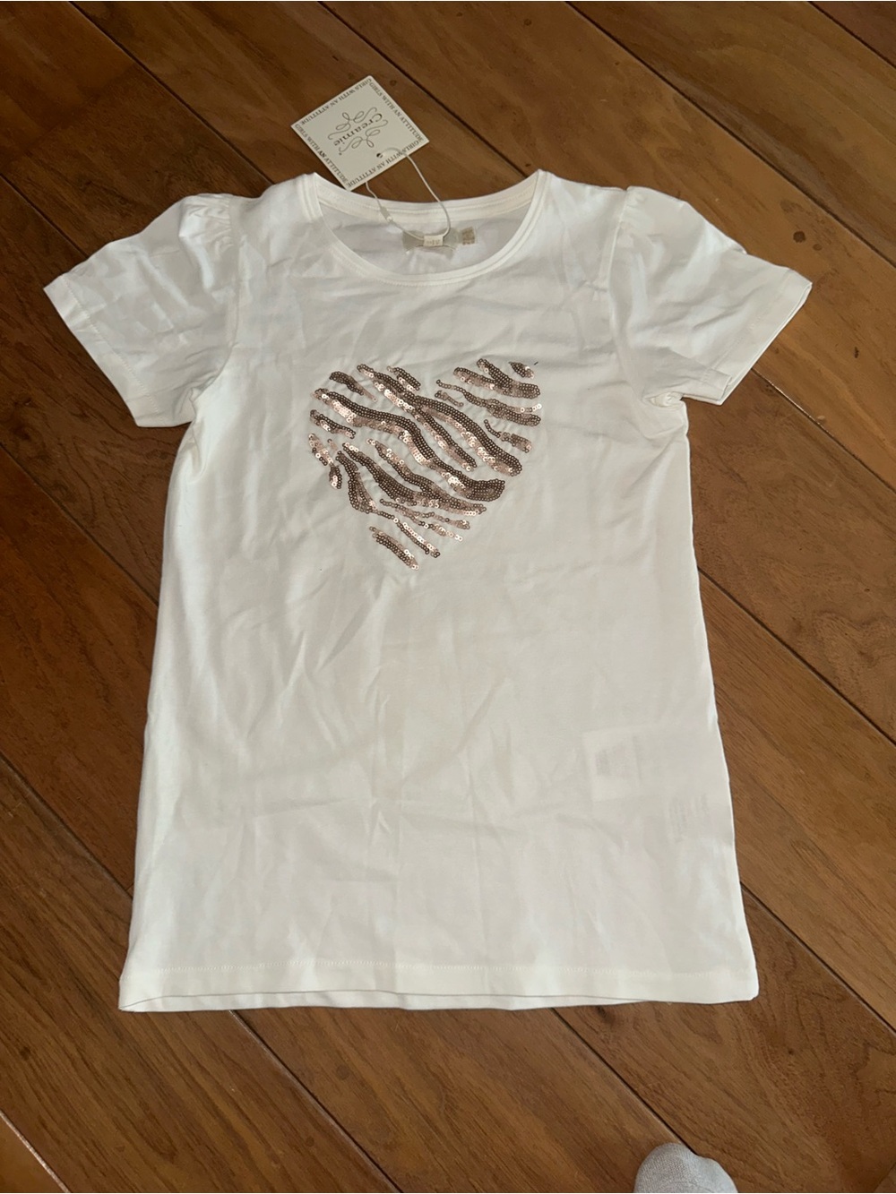 Creamie Girls White Tee with Rose Gold Sequin Heart
